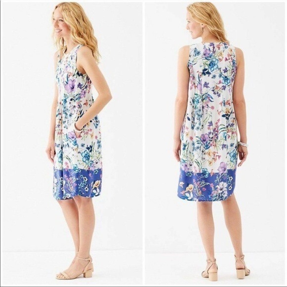 J. Jill Floral Sleeveless Shift Dress Womens Size Medium Petite Blue Cottagecore